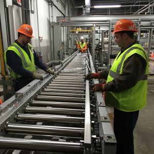 Technician performing preventive checks on conveyor system. Caption: “Conveyors require routine inspections to stay aligned and contamination-free.”