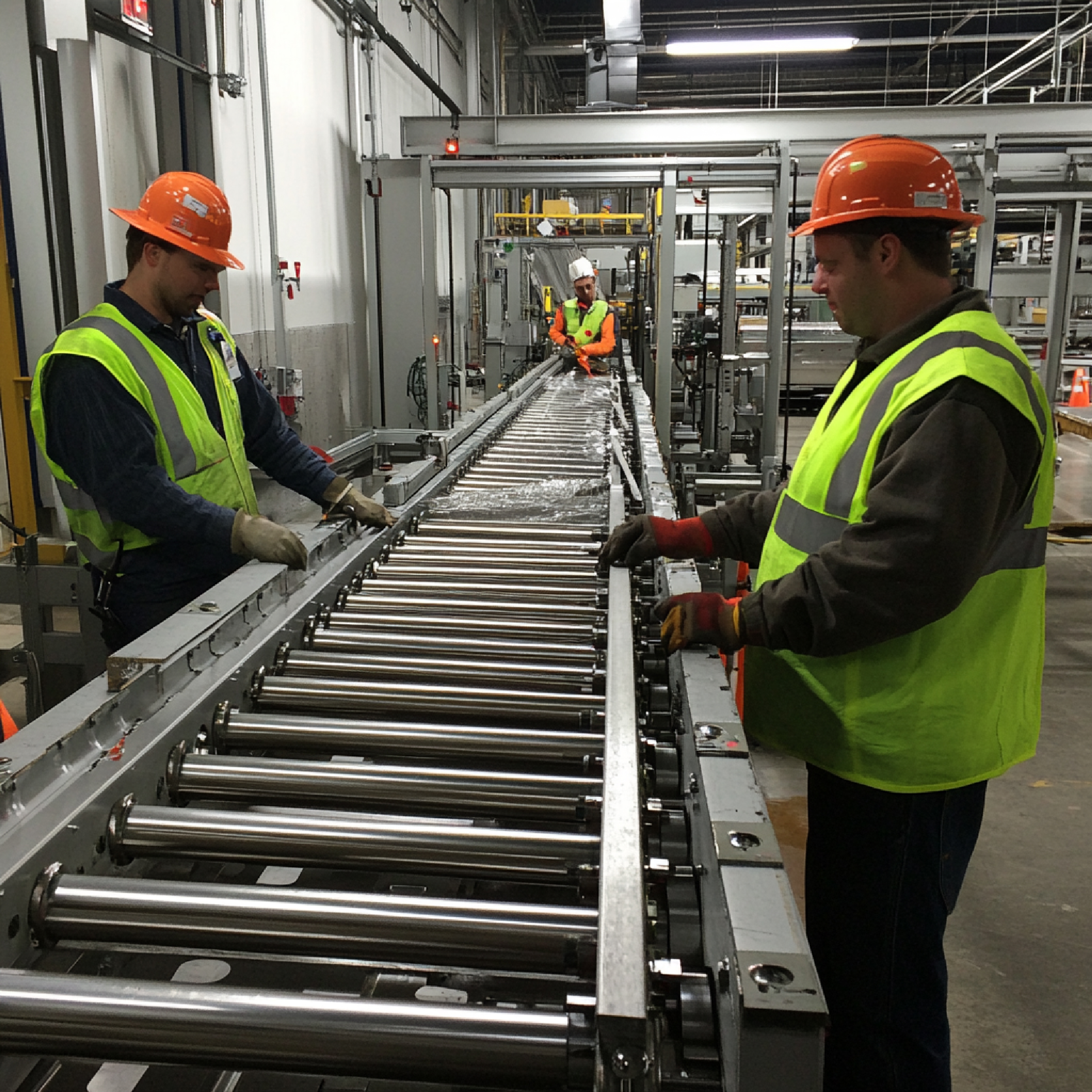 Technician performing preventive checks on conveyor system. Caption: “Conveyors require routine inspections to stay aligned and contamination-free.”