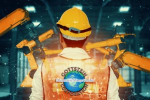 Industrial Safety - Workers in safety helmets and gear at a factory or industrial site